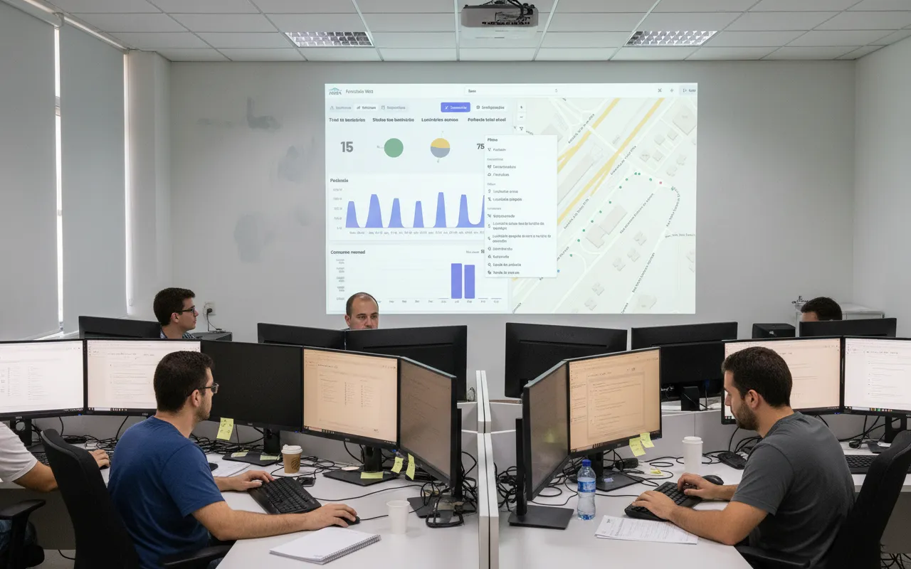 Sala de operações em tempo real com monitores e dados